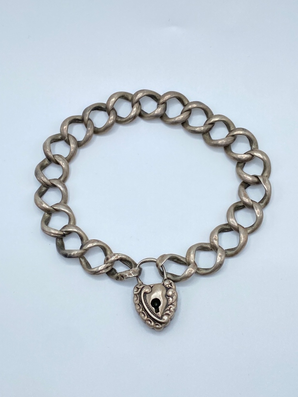 Antique Victorian 925 Heart Padlock Curb Chain Bracelet Handcrafted Ornate Old